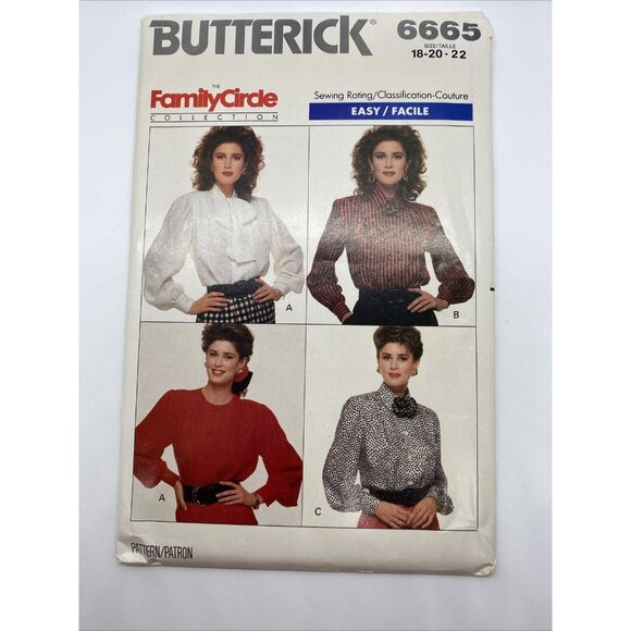 Butterick Tops - Butterick Loose Tie Blouse Sewing Pattern 6665 Size 18 20 22 Uncut Vintage 1988